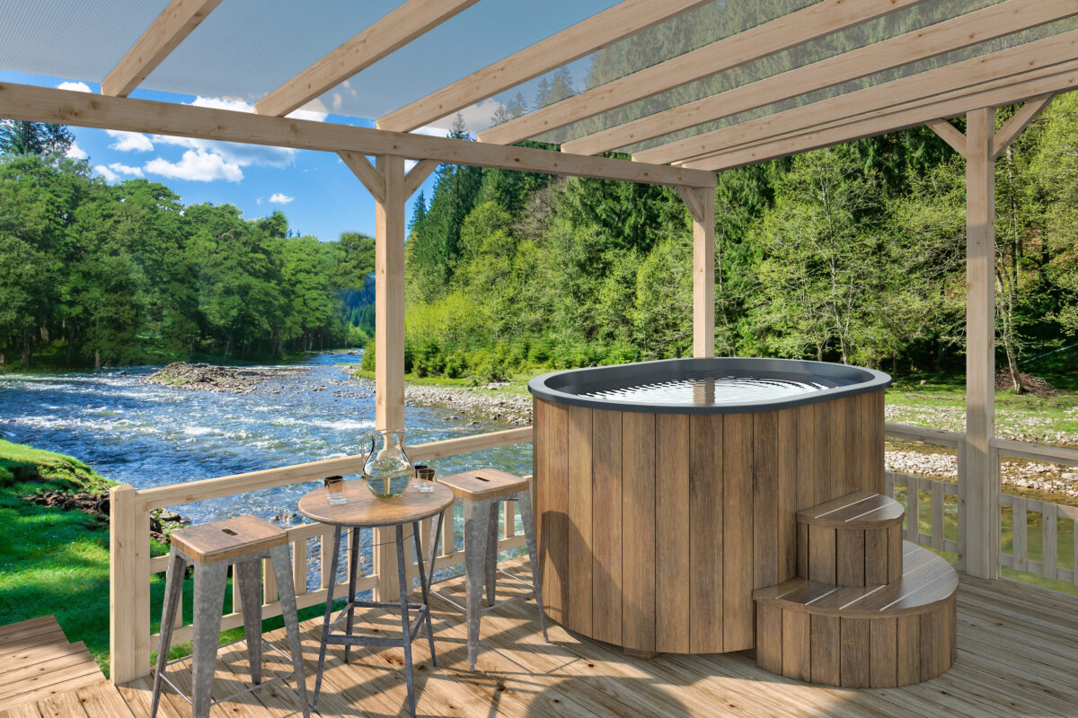 Neptune Saunas and hot tubs - Romantica wooden hot tub for two on a terrace by river cgi