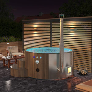 Neptune-Saunas-and-hot-tubs---copenhagen-wooden-hot-tub-at-night-time-with-LEDs-and-bubble-system