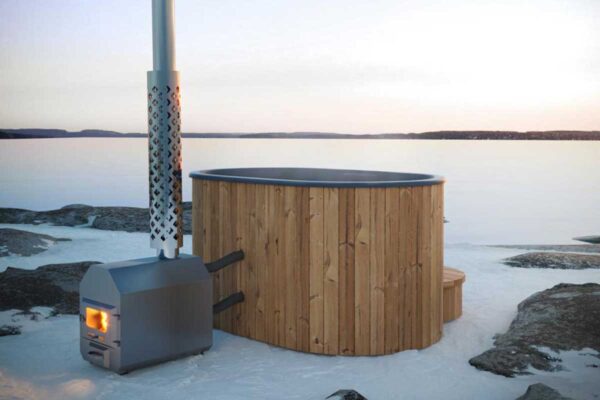 Neptune Hot Tubs - Bergen wooden 2 person hot tub with external wood-burner - customer image in snow