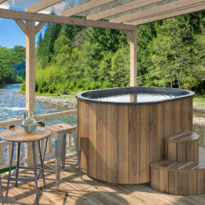 Neptune Hot Tubs - Bergen - Wood Fired 2 Person Hot Tub- On a terrace by river cgi