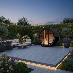 Malmo barrel sauna 2 person sauna kit - glass front outdoor - neptune saunas in modern garden