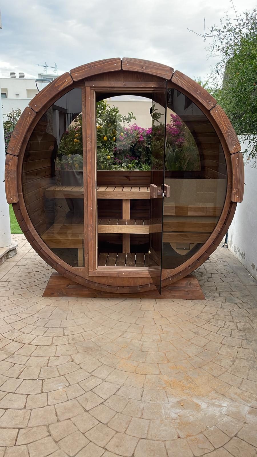 Neptune Saunas and hot tubs Malmo 2 person barrel sauna with glass front - customer photo in Spain