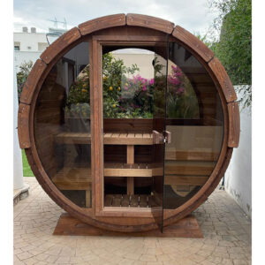 neptune-saunas-and-hot-tubs---client-sauna-in-spain---malmo-2-person-barrel-suana-with-glass-front