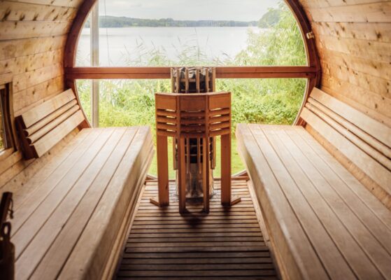 Neptune Blog - How to sauna like a pro - cover image - barrel sauna interior with a glass back looking over lake