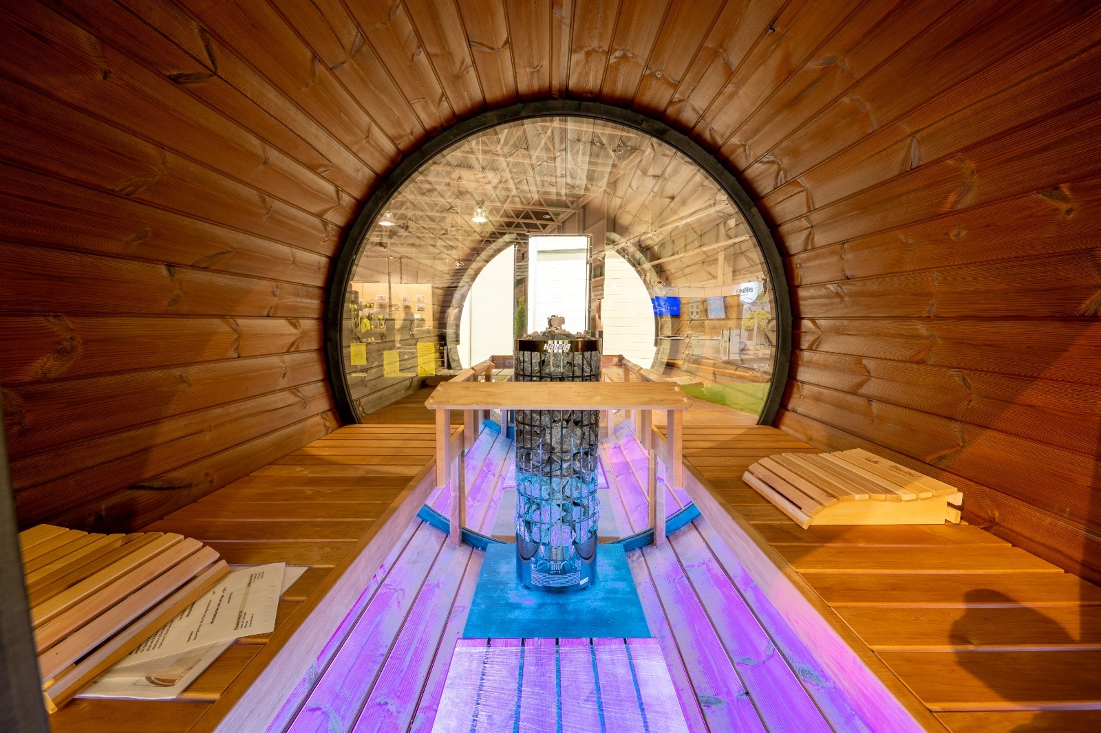 Neptune Saunas - Barrel Saunas - internal with led lights and glass back wall