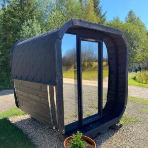 Lahti Ooutdoor Cube Sauna - neptune saunas and hot tubs photo - with mirrored glass front and black painted exterior