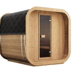 Neptune Saunas - Lahti outdoor cube sauna - cgi wooden front glass door