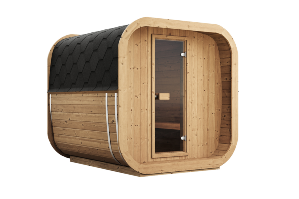 Neptune Saunas - Lahti outdoor cube sauna - cgi wooden front glass door